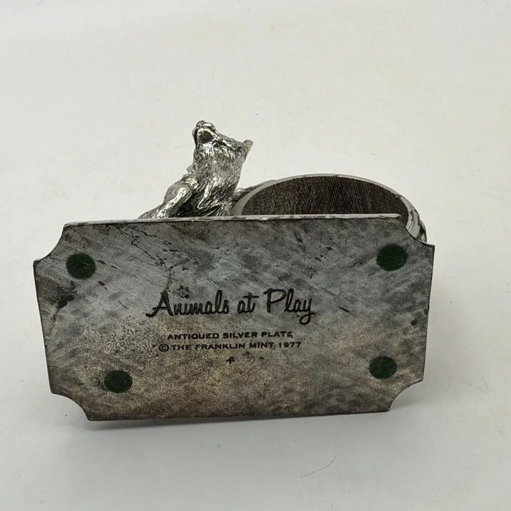 Franklin Mint Animals At Play Napkin Ring Silver Plate Canine Vintage 1977